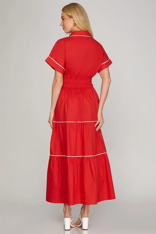Drop Shoulder Half Sleeve Collared Top Woven Maxi Tiered Dress with Elastic Waistband, Contrast Piping, and Pockets