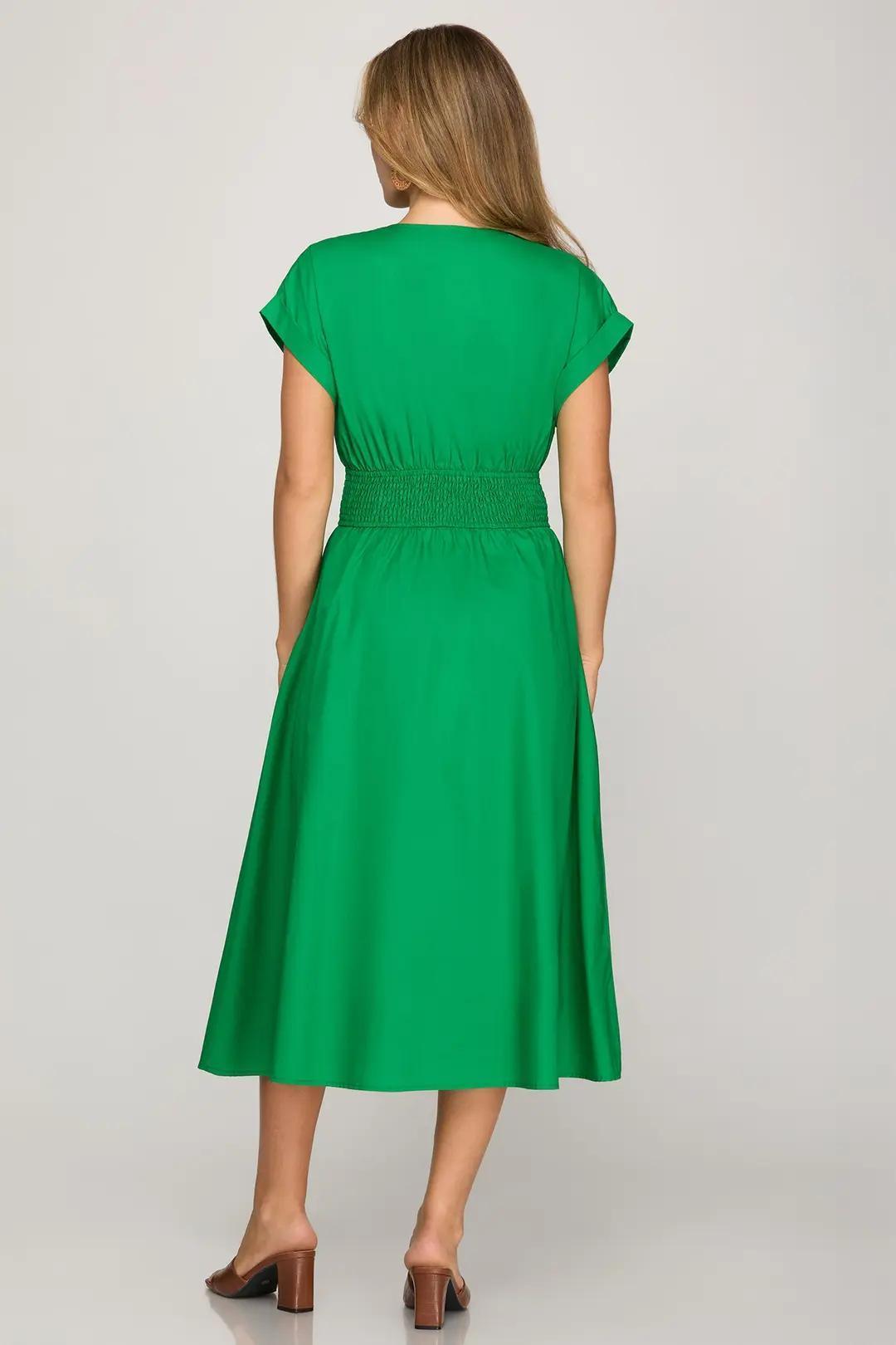 Drop Shoulder Smocked Waist Midi Dress With Pockets