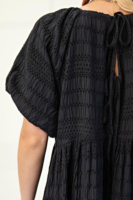 Textured Loose Fit Dress with Bow Tie Back