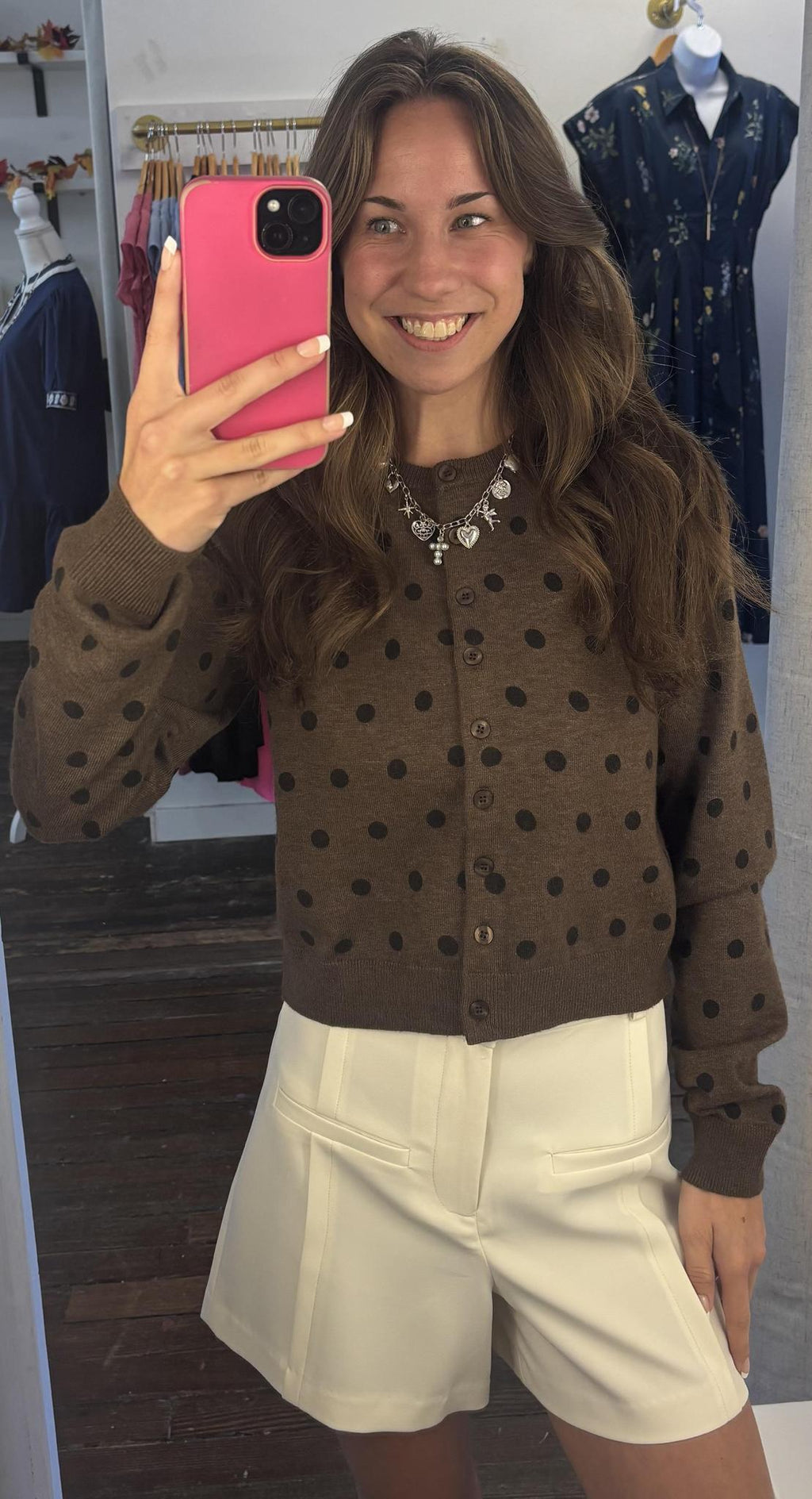 Polka Dot Round Neck Button-Down Cardigan
