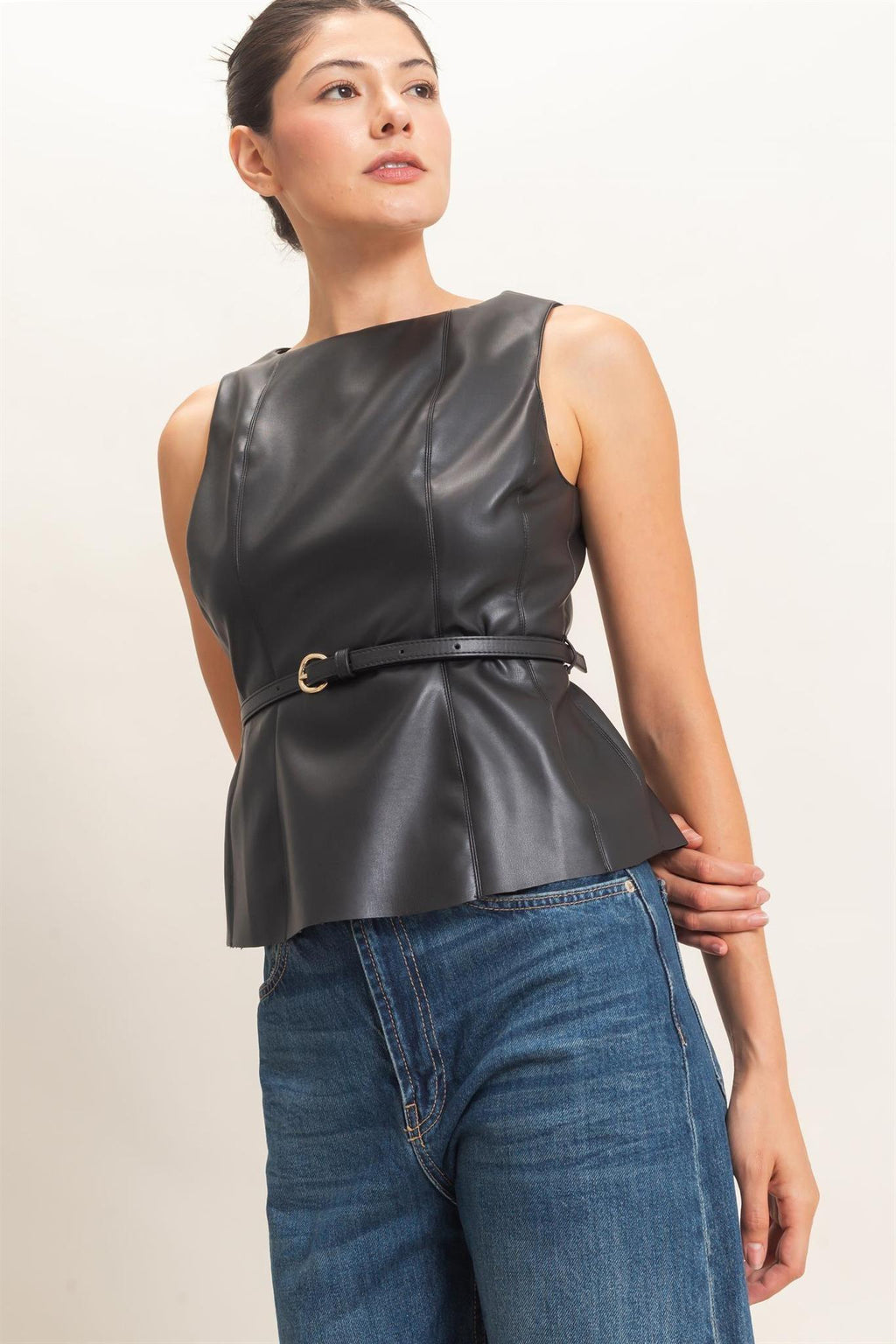 Sleek Faux Leather Belted Top