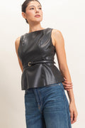 Sleek Faux Leather Belted Top