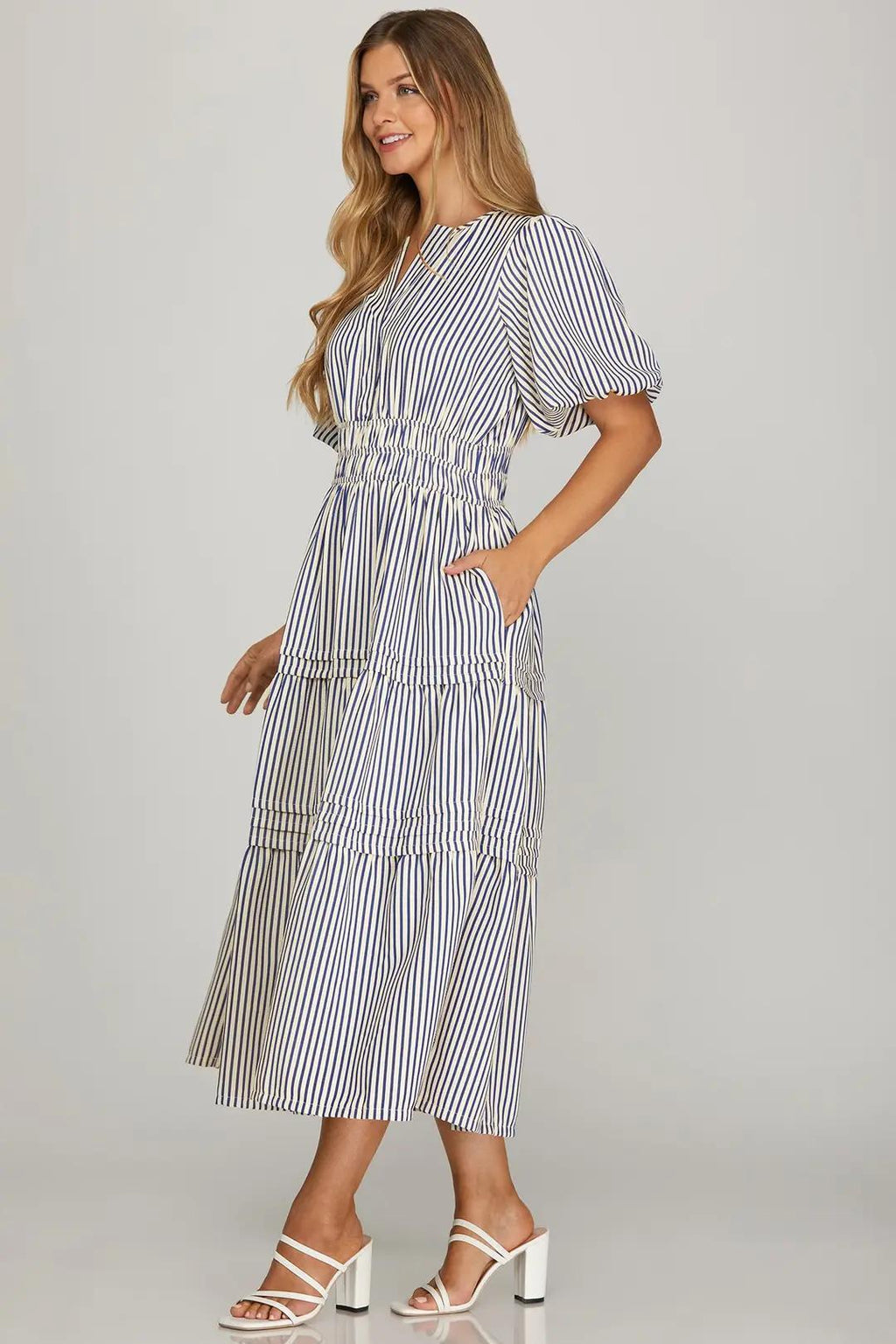 Puff Sleeve Pintuck Tiered Stirpe Woven Midi Dress with Elastic Waistband and Pockets