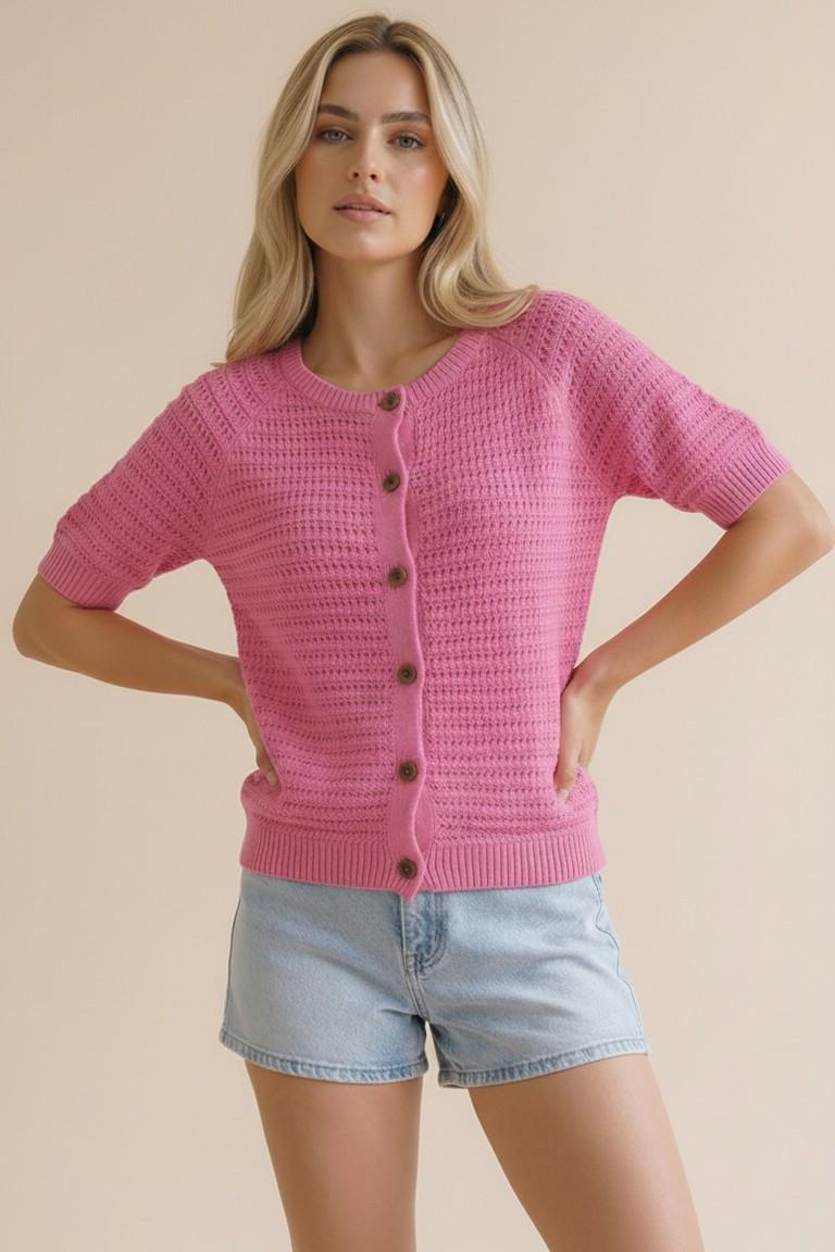 Raglan Short Sleeve Button Down Sweater Top