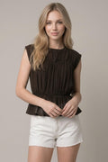 Semi Sheer Shirred Peplum Knit Top