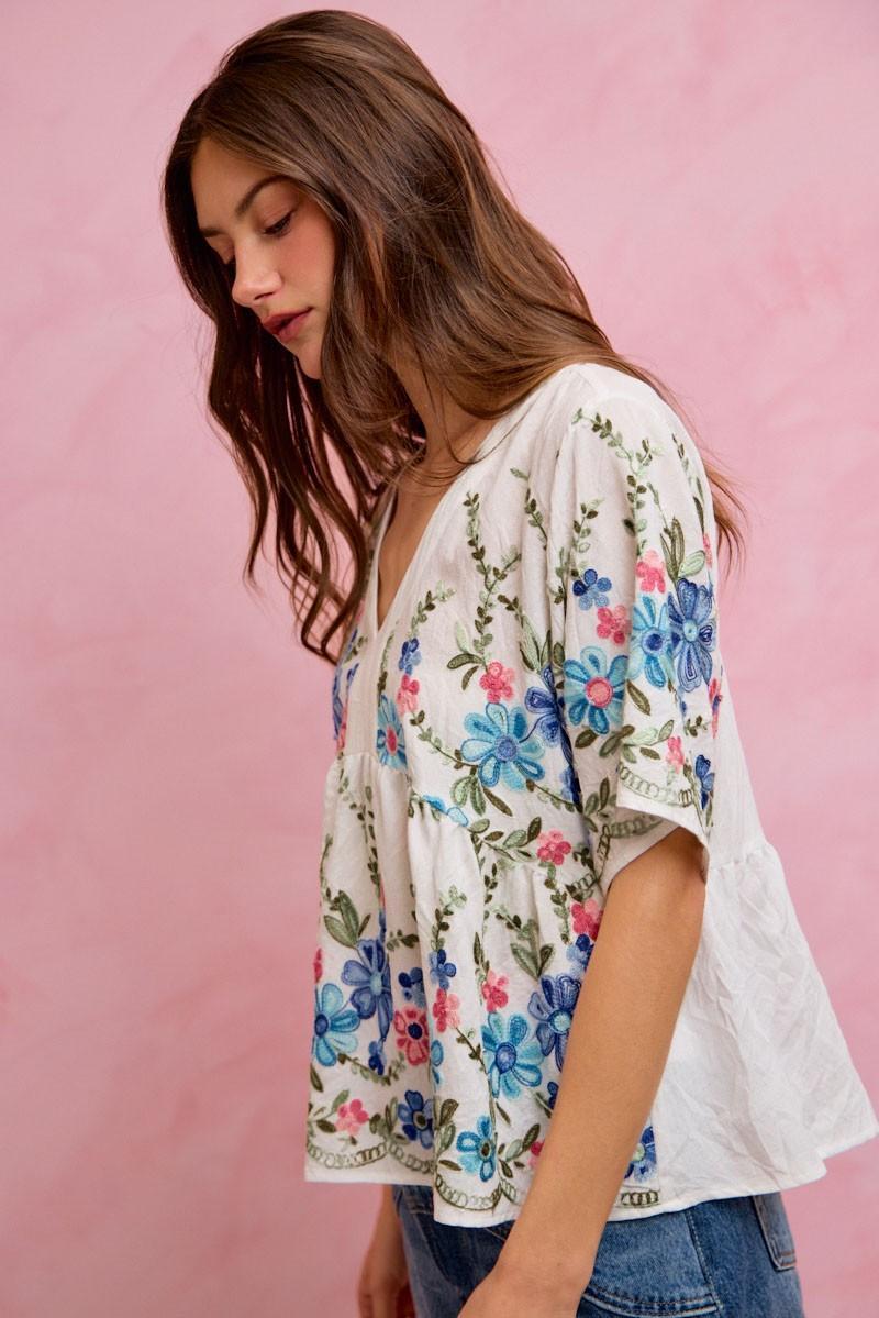 Floral Embroidered Baby Doll Blouse Top