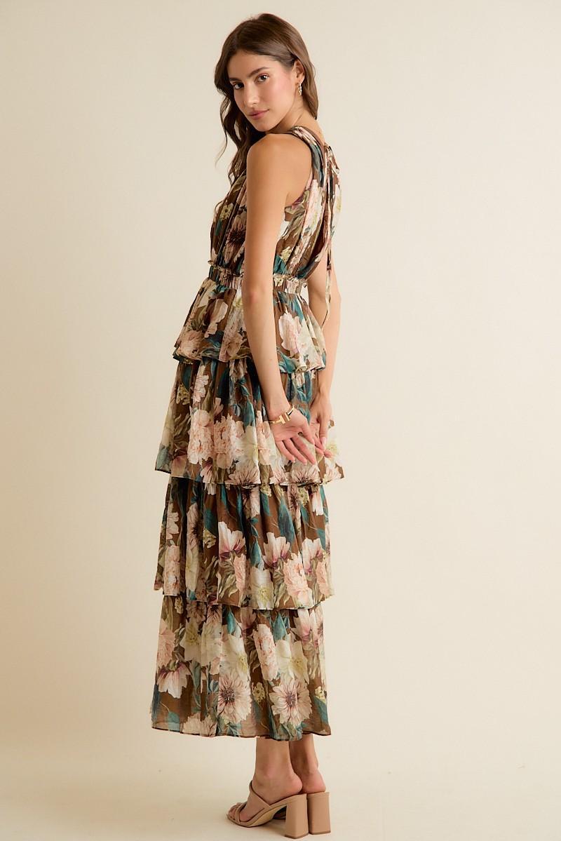 Floral Textured Tiered Maxi Lined Sleeveless Dress Brown