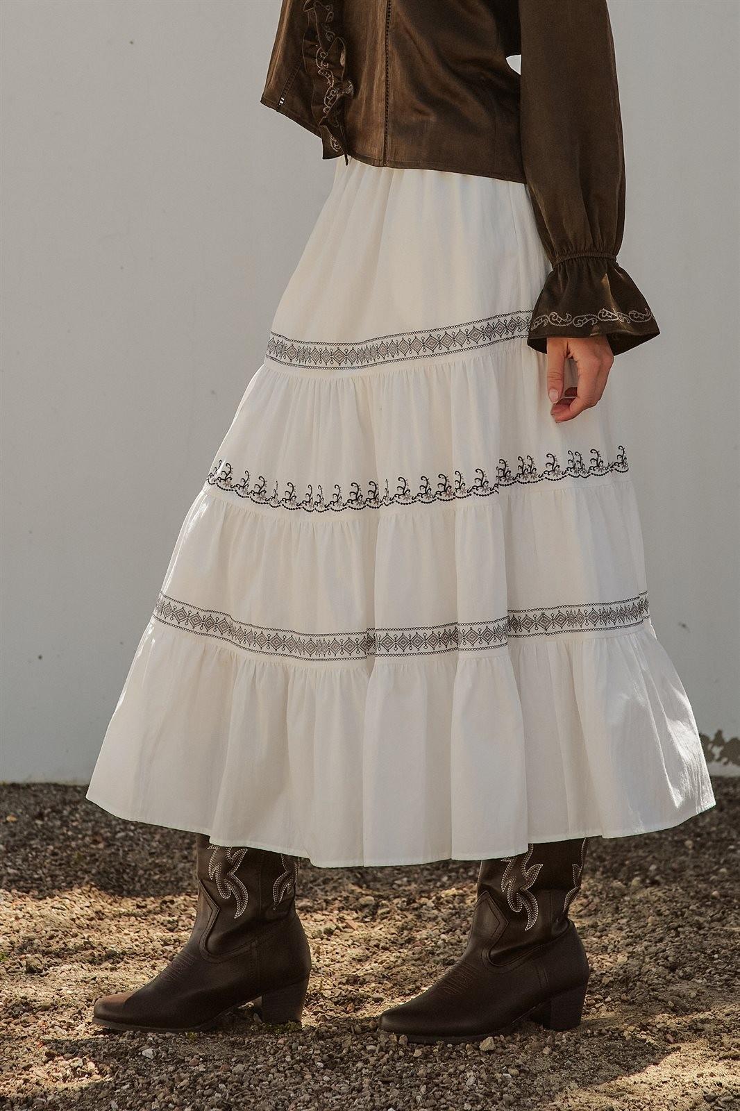 Embroidered White Tiered Maxi Skirt – Western Cowgirl Prairie