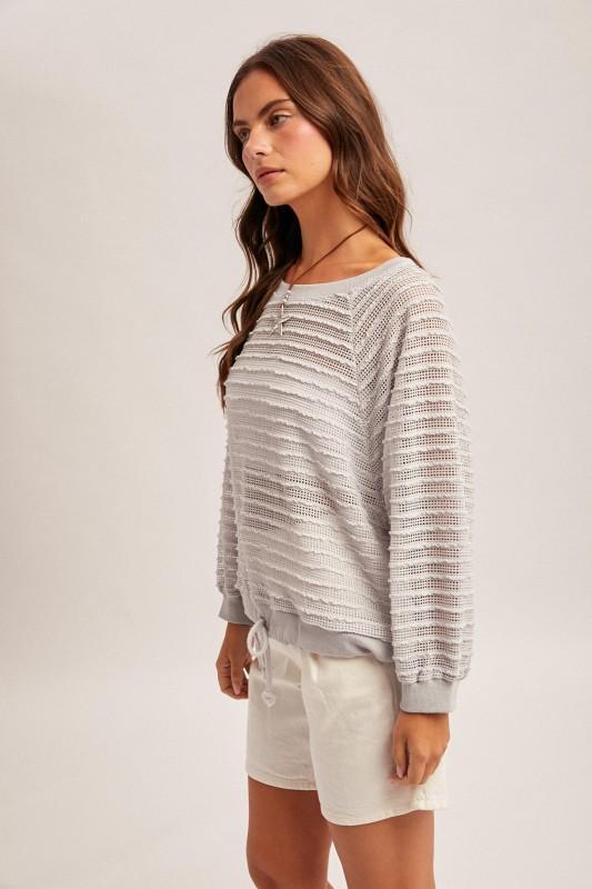 Raglan Sleeve Waist String Detail Textured Top