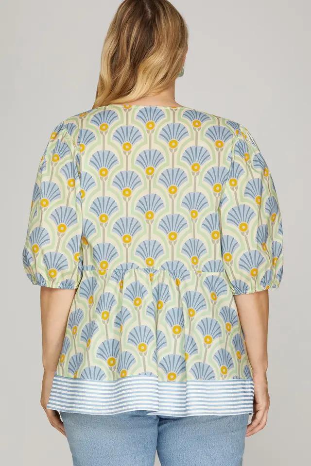 Half Sleeve Woven Print Top with Stripe Contrast Detail