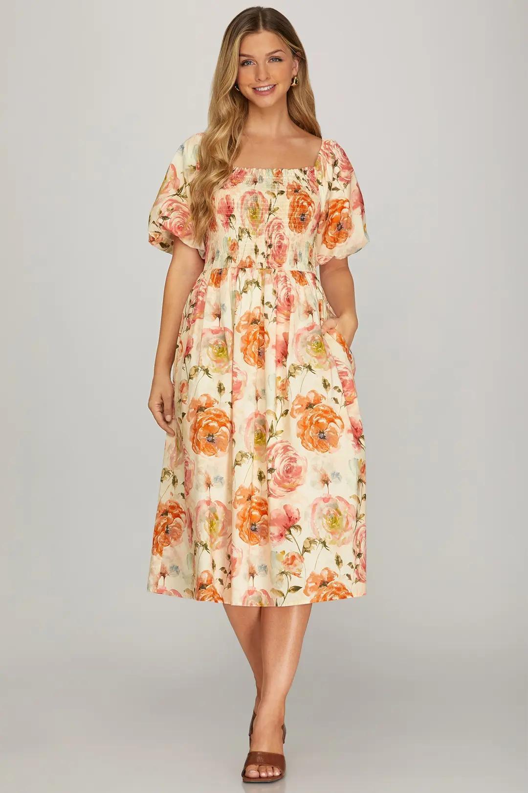 Puff Sleeve Smocked Floral Print Midi Dress