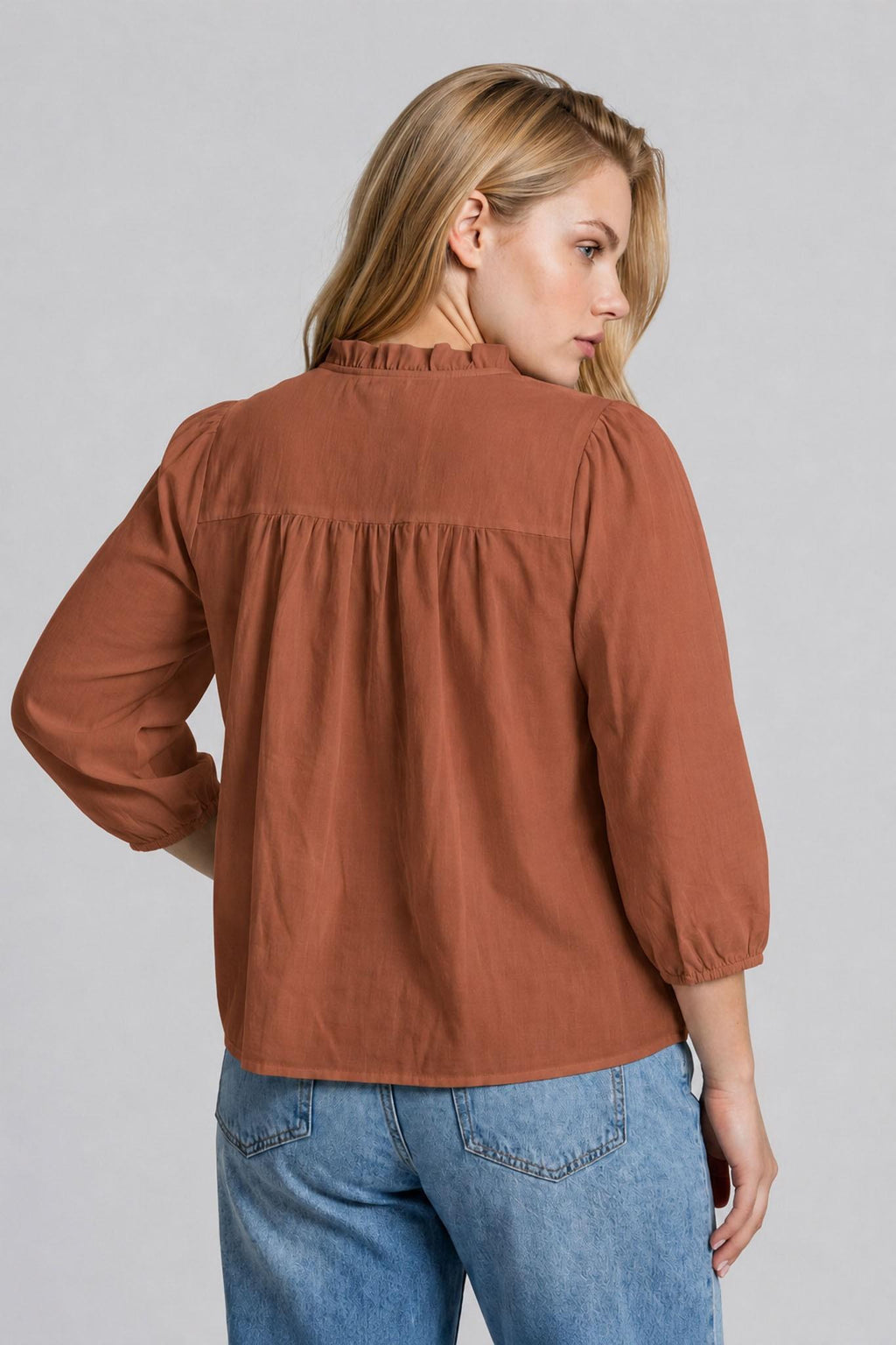 Plus Size 3/4 Sleeve Ruffle Trim Pintuck Detail Blouse