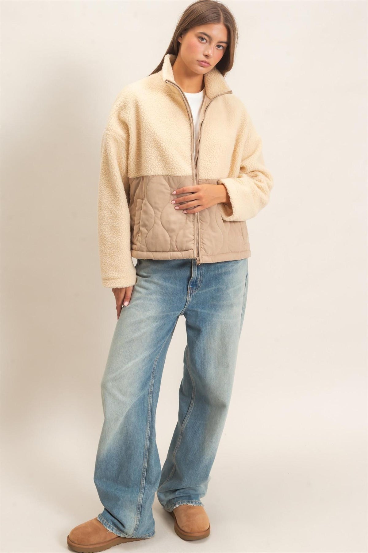 Quilted Sherpa Zip-Up Jacket