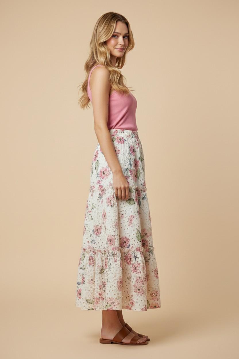 Womens Floral Printed Crochet Eyelet Skirt