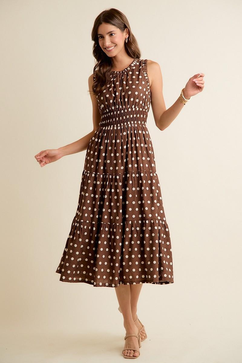 Polka Dot Sleeveless Smocked Waist Midi Lined Dress
