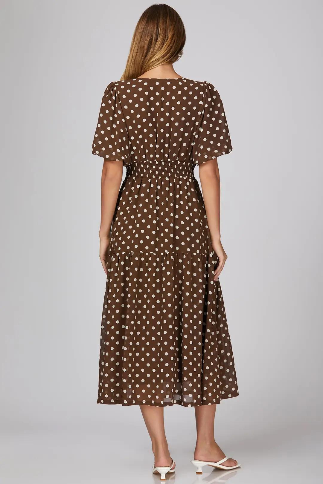 Short Puff Sleeve Woven Polka Dot Print Tiered Midi Dress with Smocked Waistband and Pockets