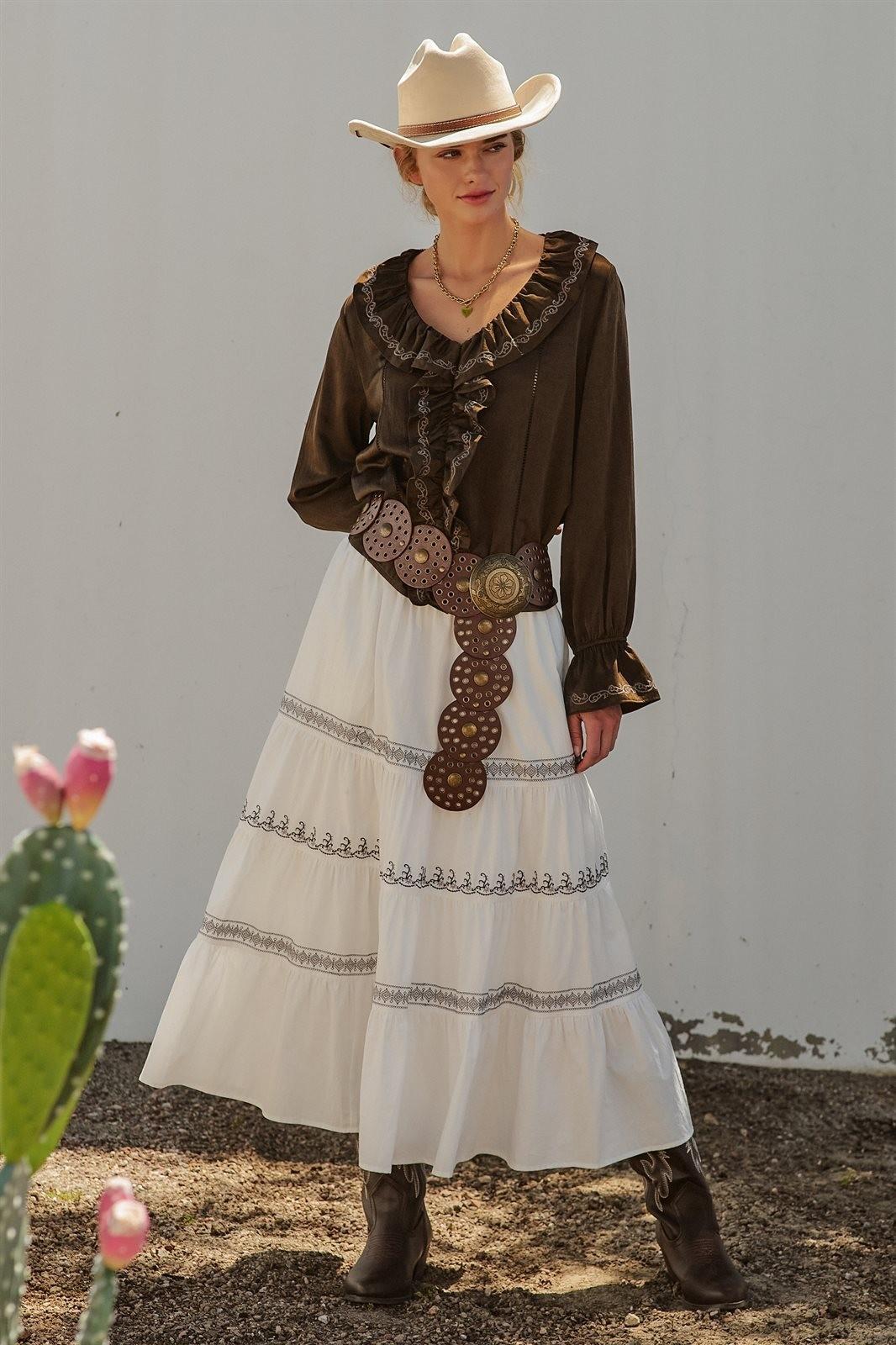 Embroidered White Tiered Maxi Skirt – Western Cowgirl Prairie