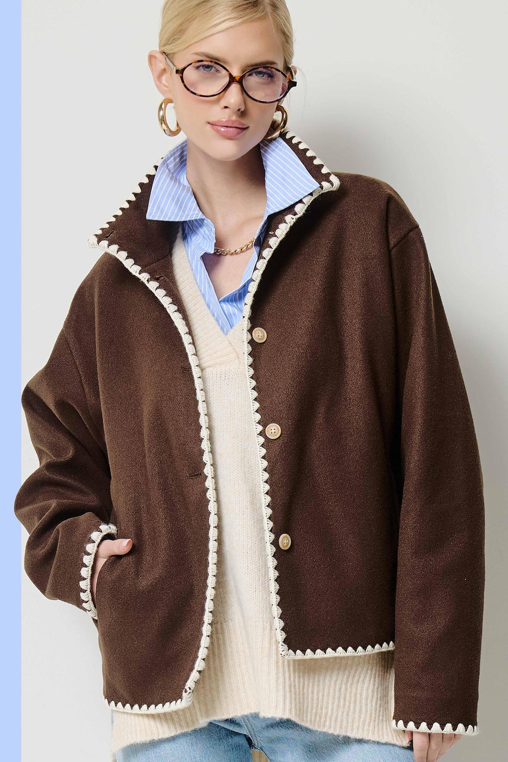 Convertible Collar Felt Jacket with Blanket Stitch