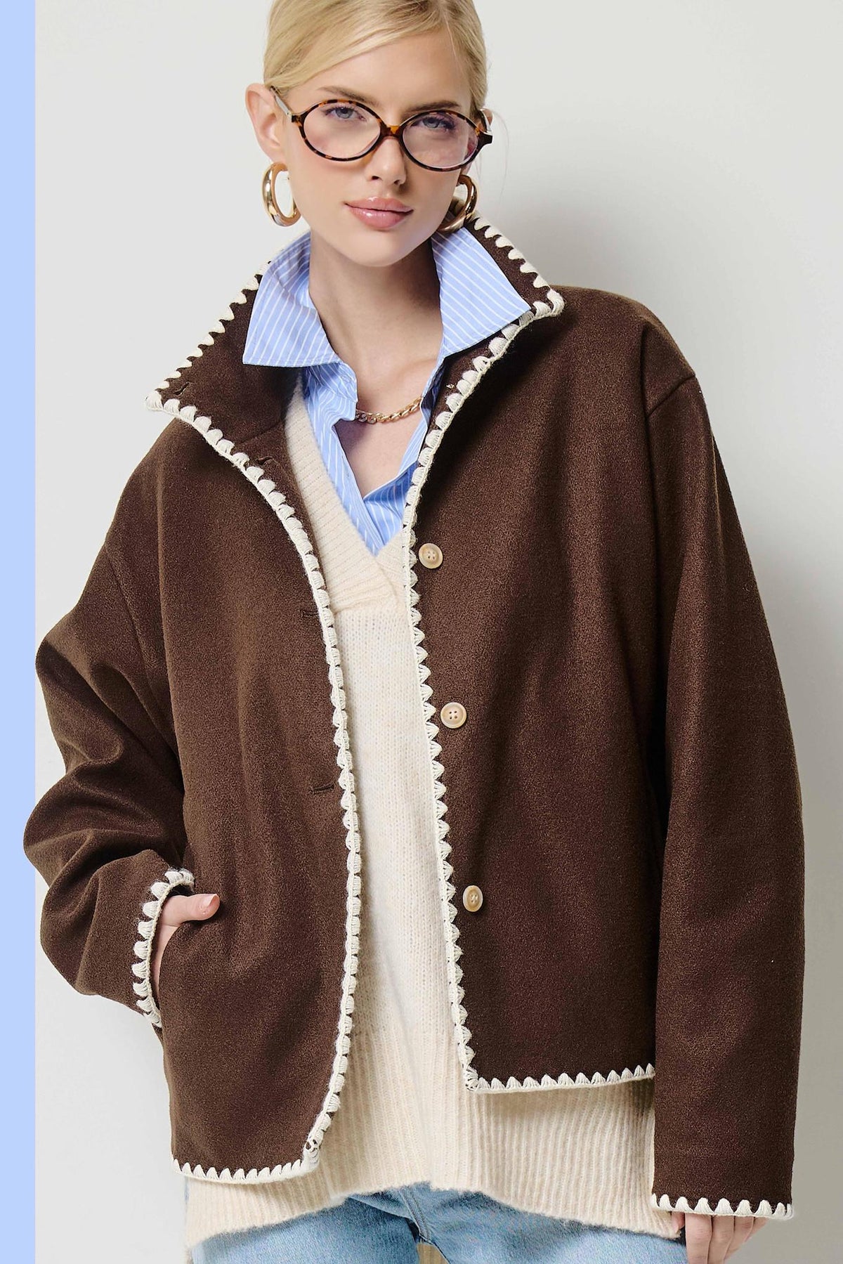 Convertible Collar Felt Jacket with Blanket Stitch