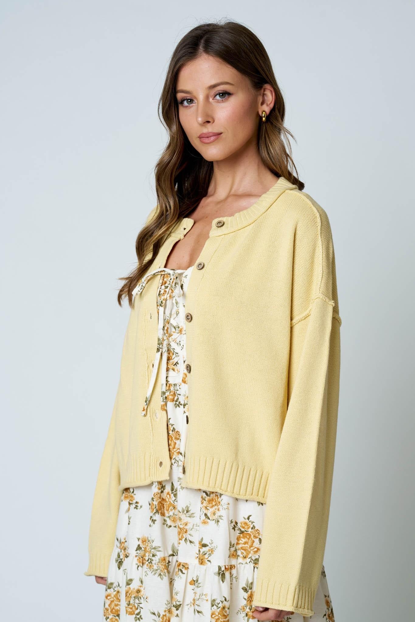 Raw Edge Exposed Seam Button Down Knit Cardigan