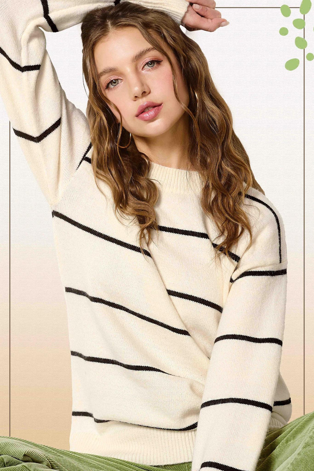 Loose Fit Striped Crew Mock Neck Sweater Top