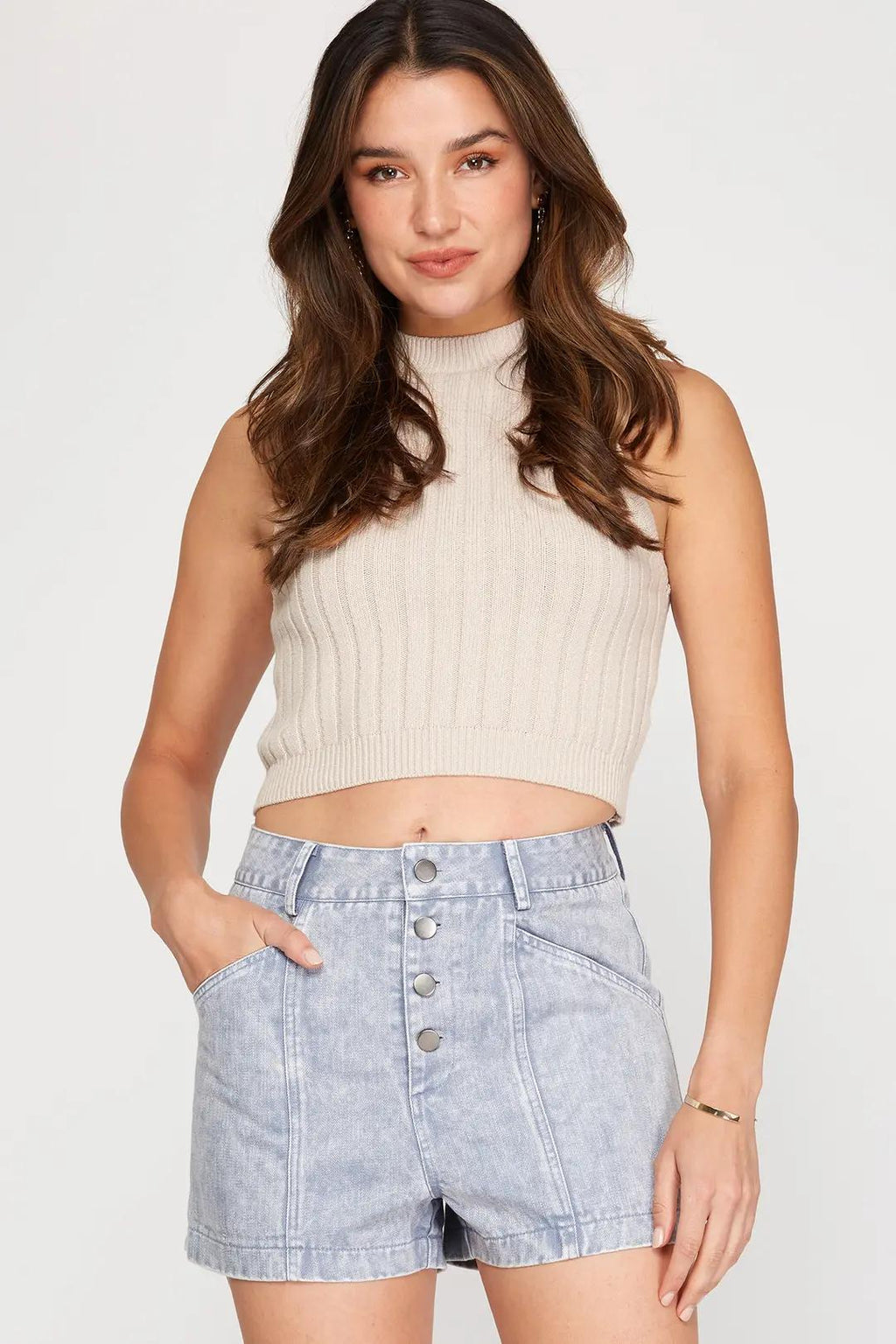 Washed Twill Button Down Shorts with Pockets