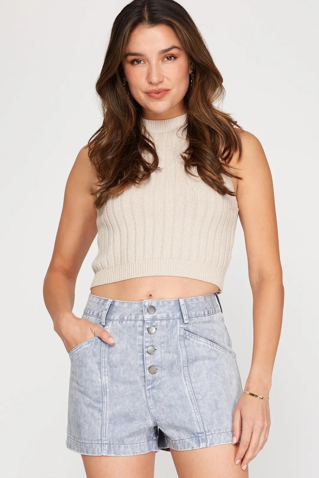 Washed Twill Button Down Shorts with Pockets