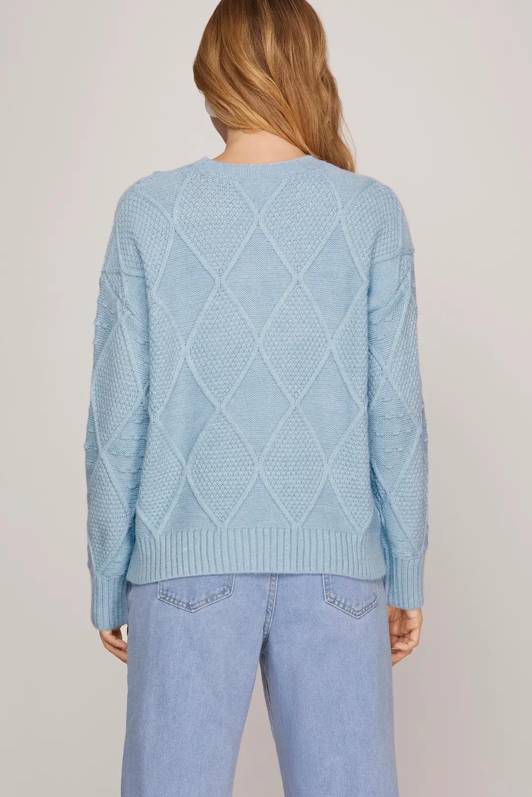 Long Sleeve Diamond Patterned Sweater with Bobble Detail