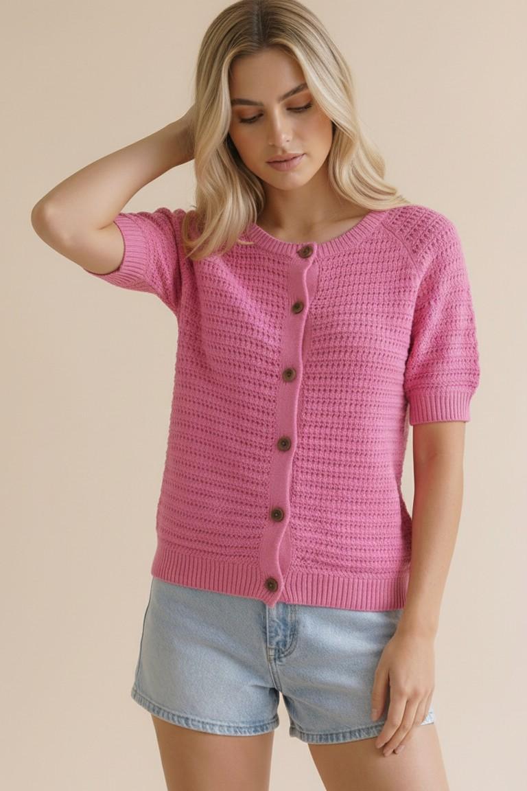 Raglan Short Sleeve Button Down Sweater Top