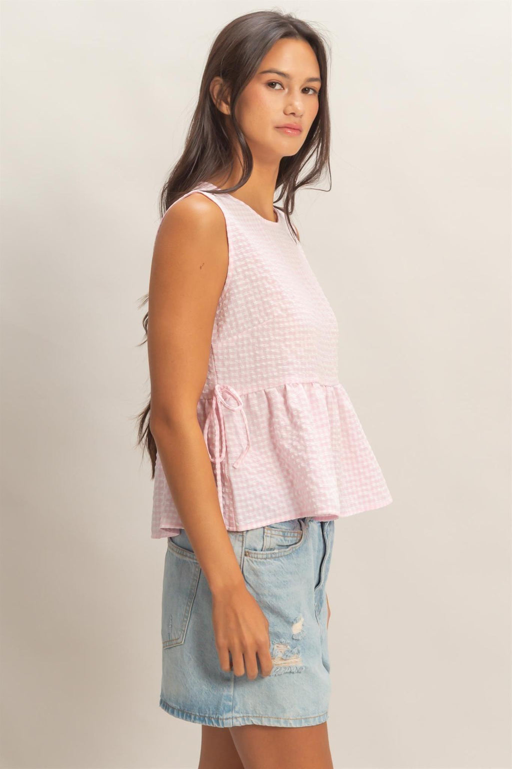 Gingham Sleeveless Peplum Top With Side Ties