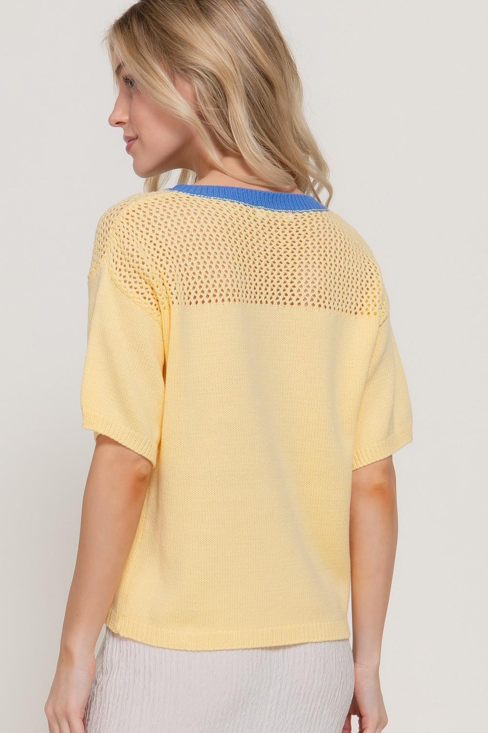 Short Slv V-neck Jacquard Top