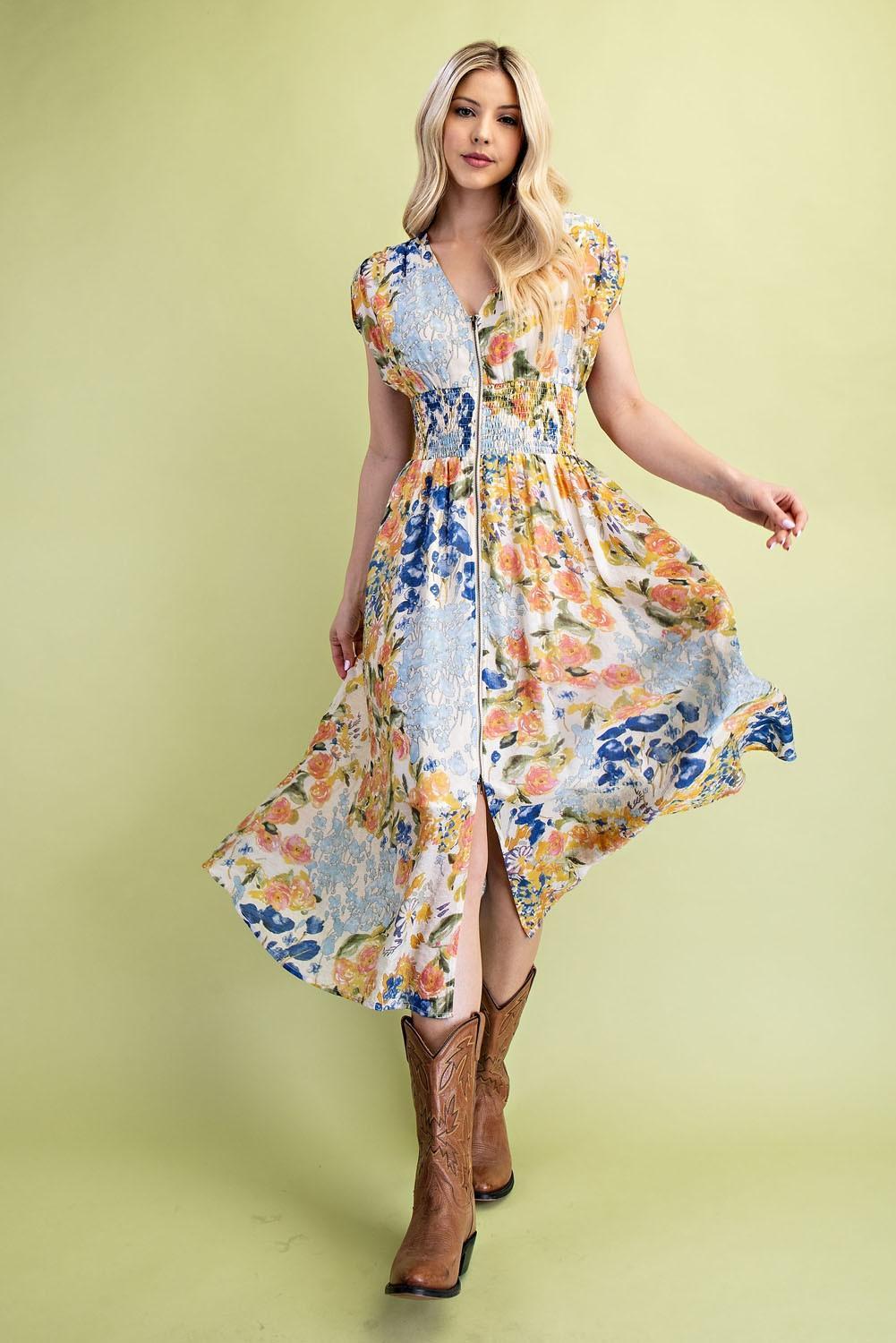 Floral Midi Dress with Front Zipper