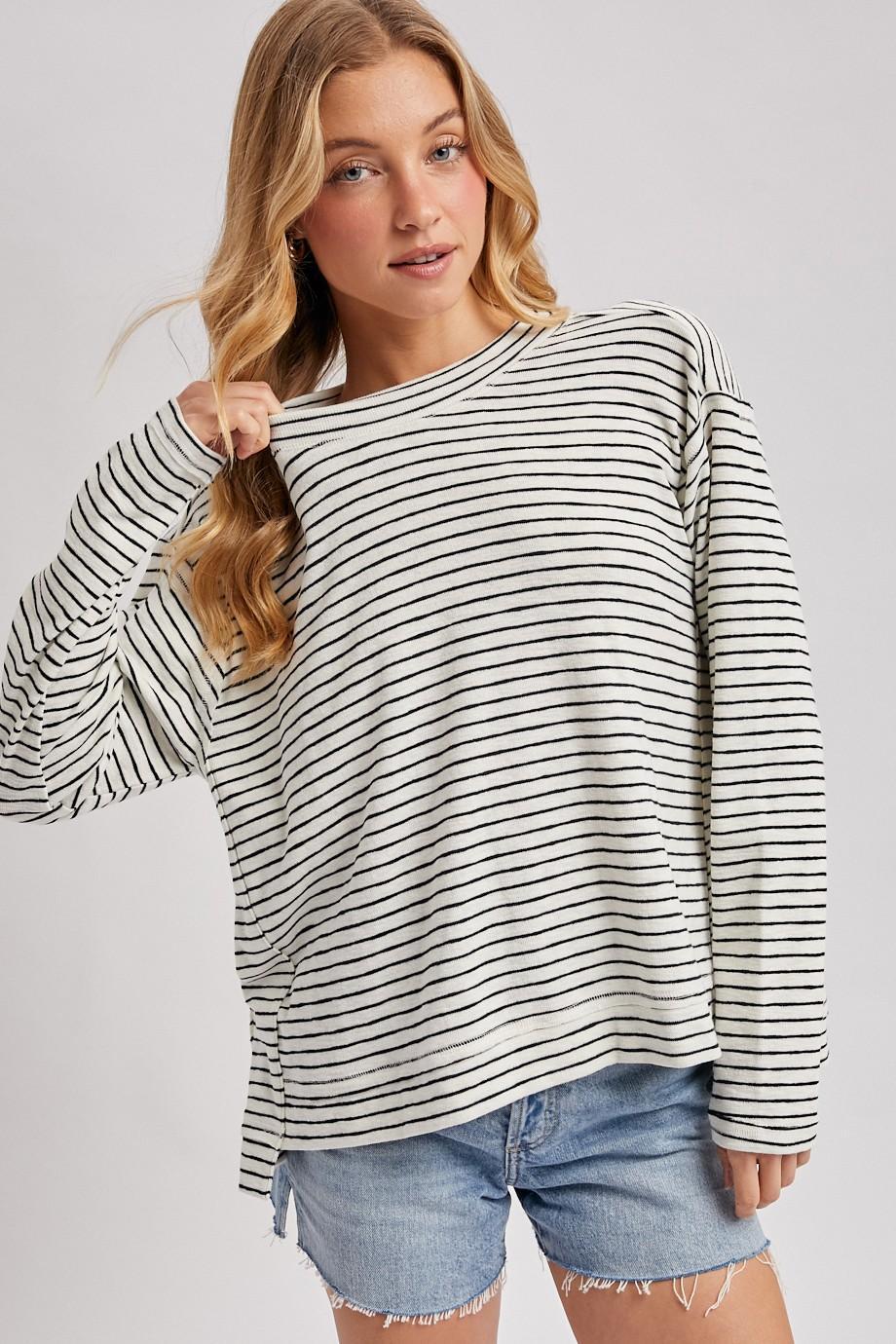 Striped Crew Neck Slouchy Knit Top
