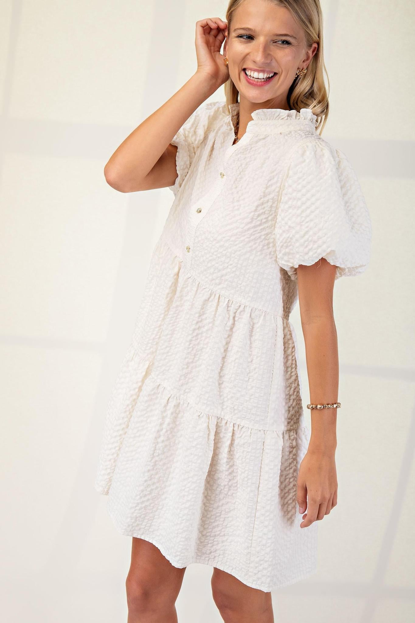 Seersucker Puff Sleeve Mini Dress