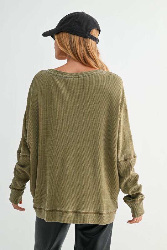 Waffle Ribbed Round Neck Pullover