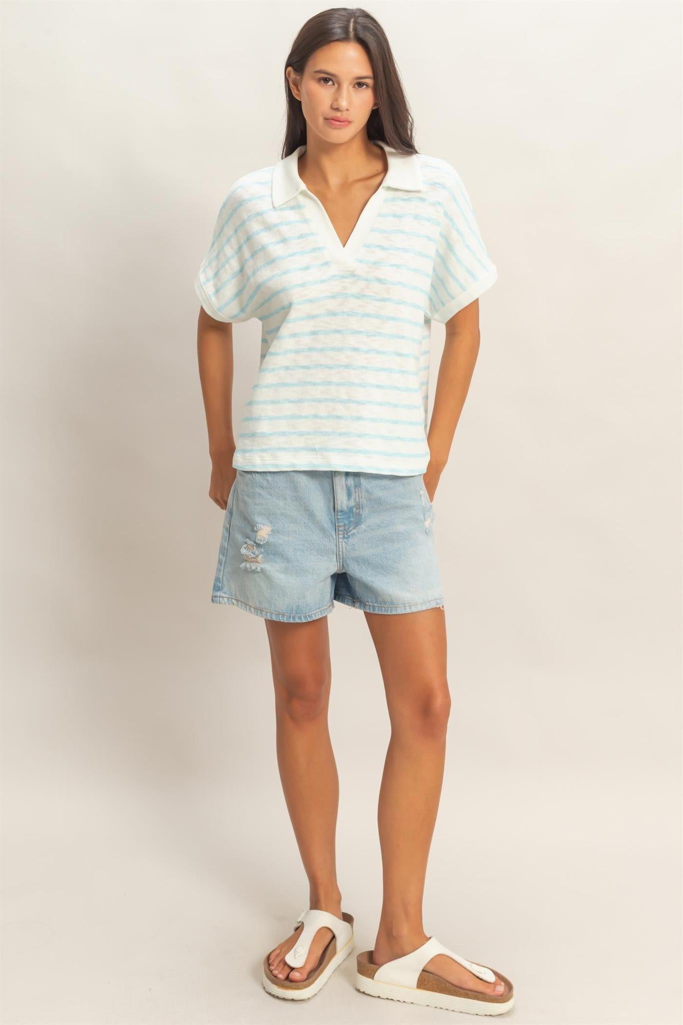 Striped Dolman Sleeve V-neck Collared Top