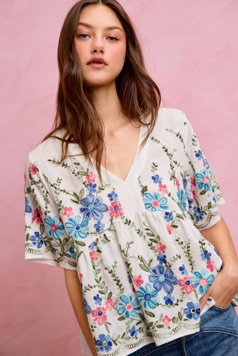 Floral Embroidered Baby Doll Blouse Top