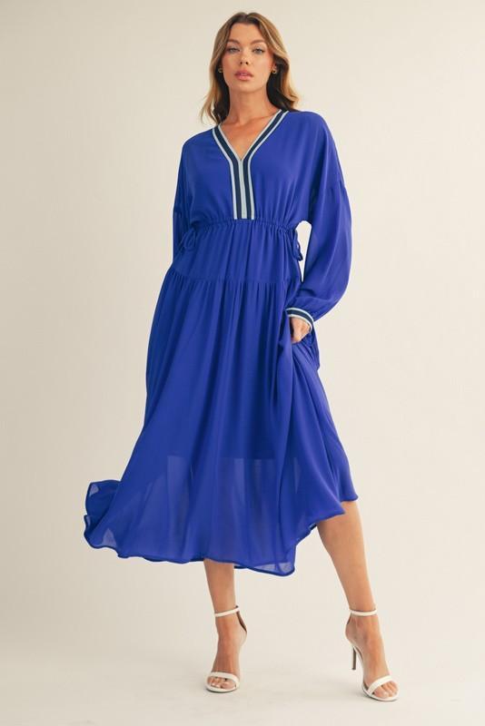 Drawstring Waist Solid Chiffon Flare Midi Dress
