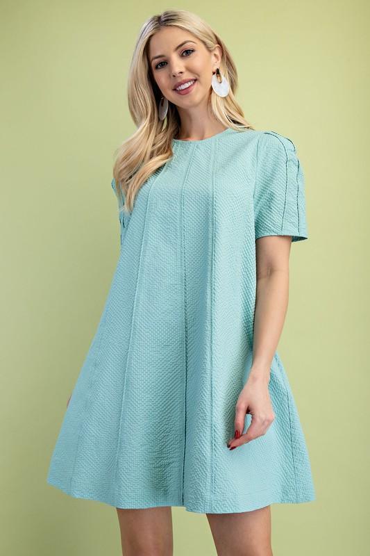 Paneled Textured Round Neck Mini Dress