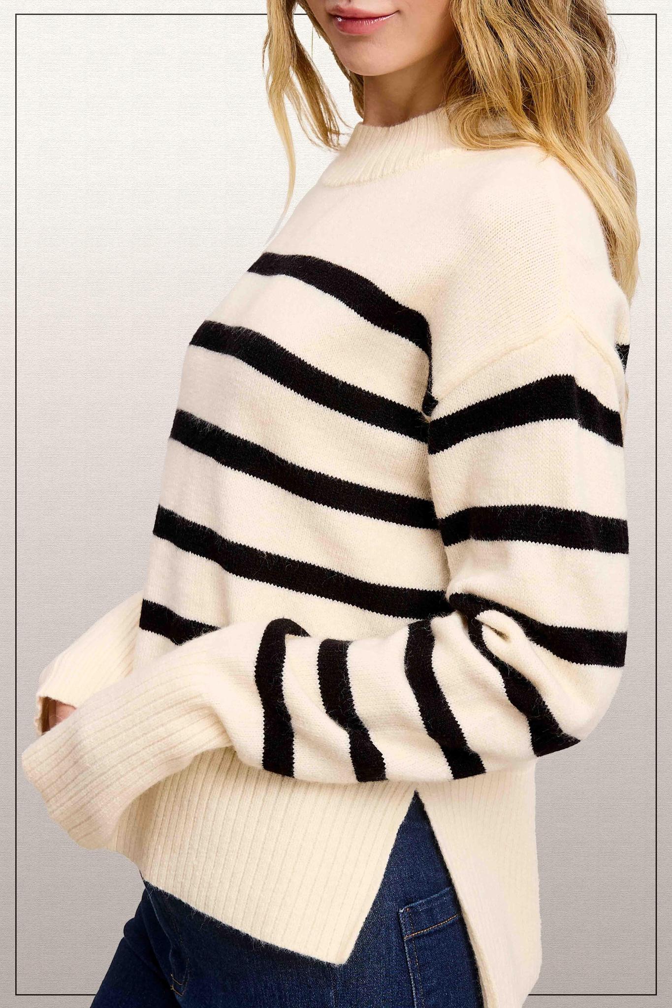 Super Soft Striped Mock Neck Loose Fit Sweater