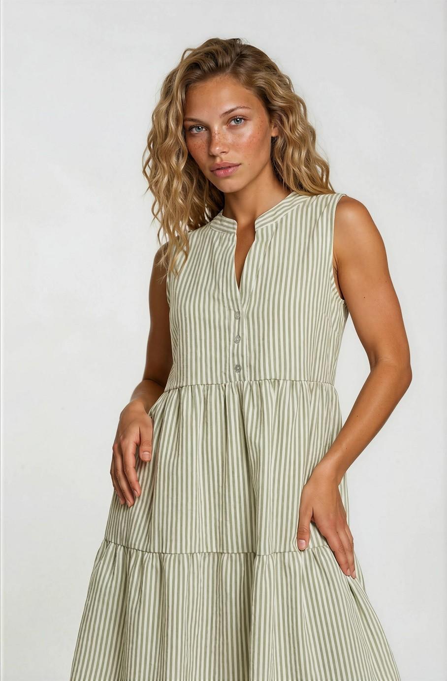 Sleeveless Button Down Shirring Stripe Mini Dress