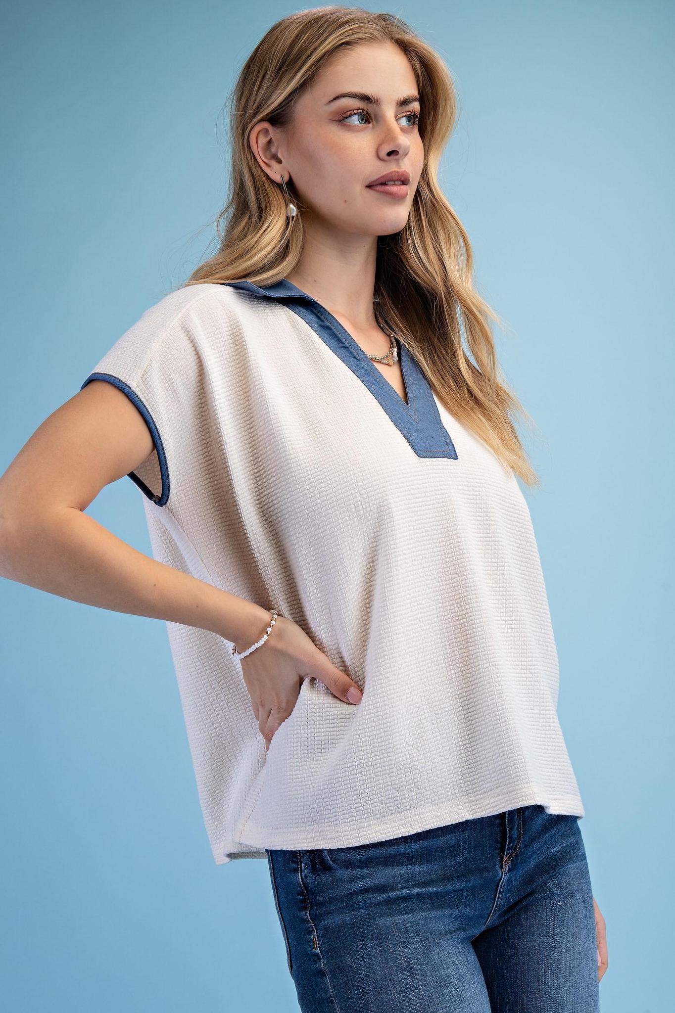 Textured Knit V- Neck Top
