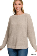 Hi-Low Long Sleeve Round Neck Waffle Sweater