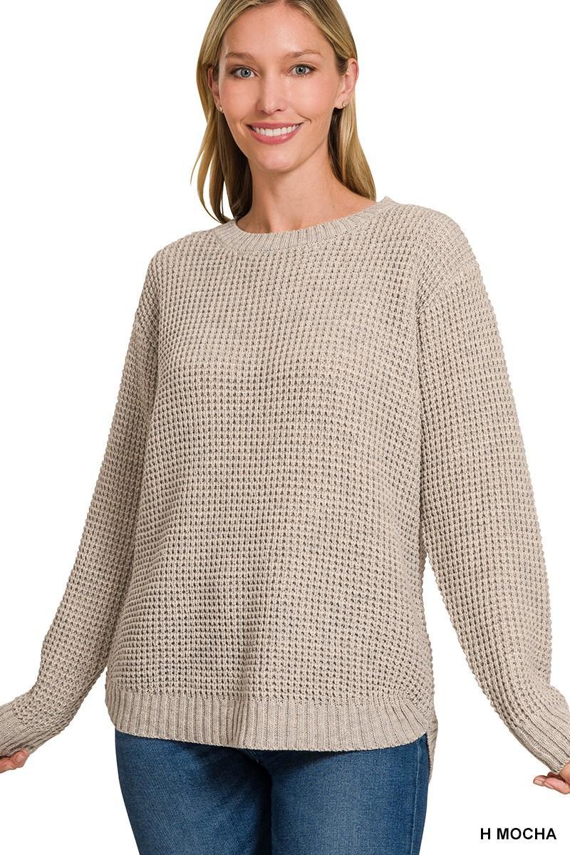 Hi-Low Long Sleeve Round Neck Waffle Sweater