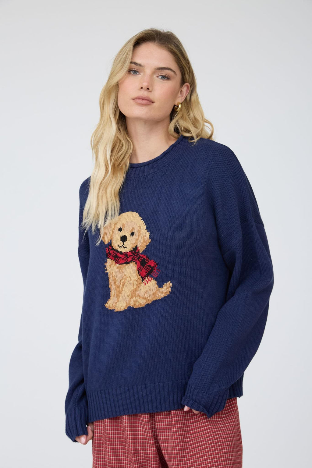 Intarsia Puppy Crew Neck Relaxed Sweater