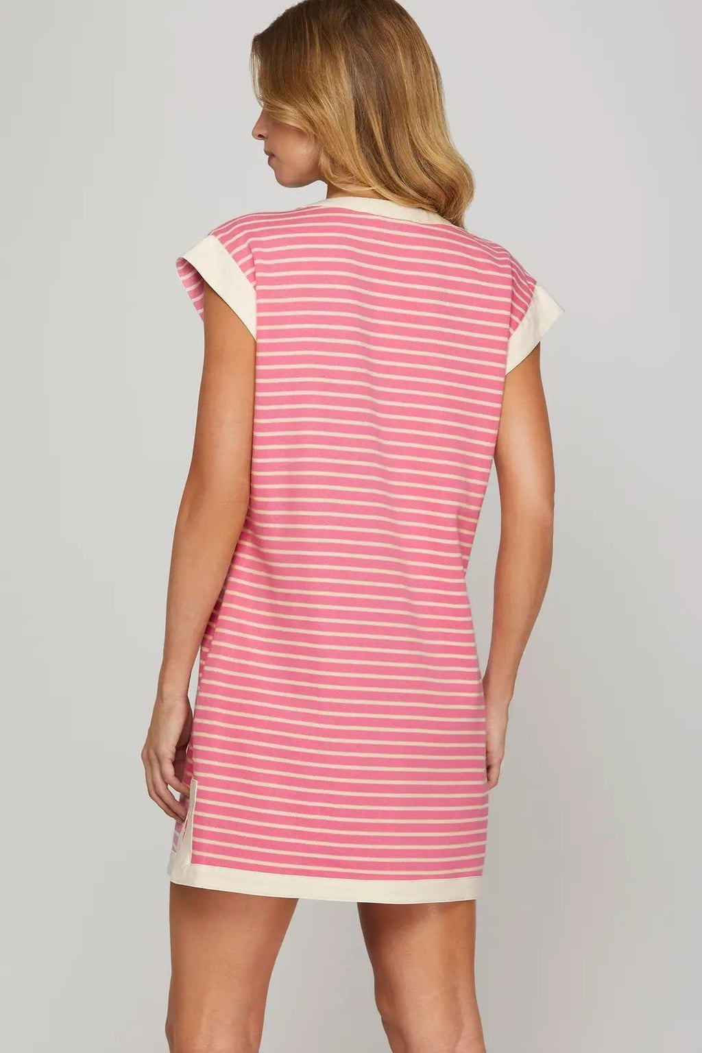 Drop Shoulder Contrast Band Striped Dress with Pockets