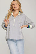 3/4 Sleeve Half-Zip Striped Top