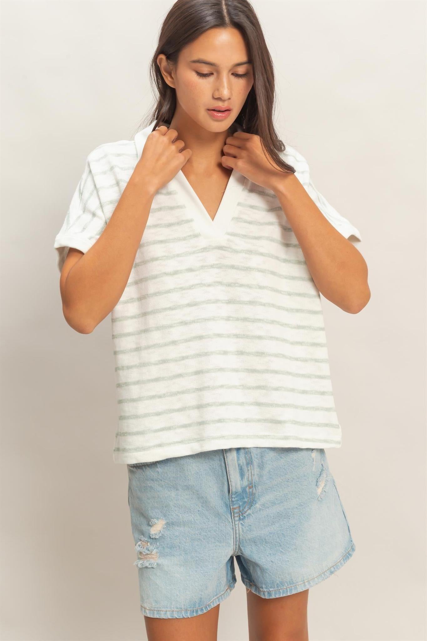 Striped Dolman Sleeve V-neck Collared Top