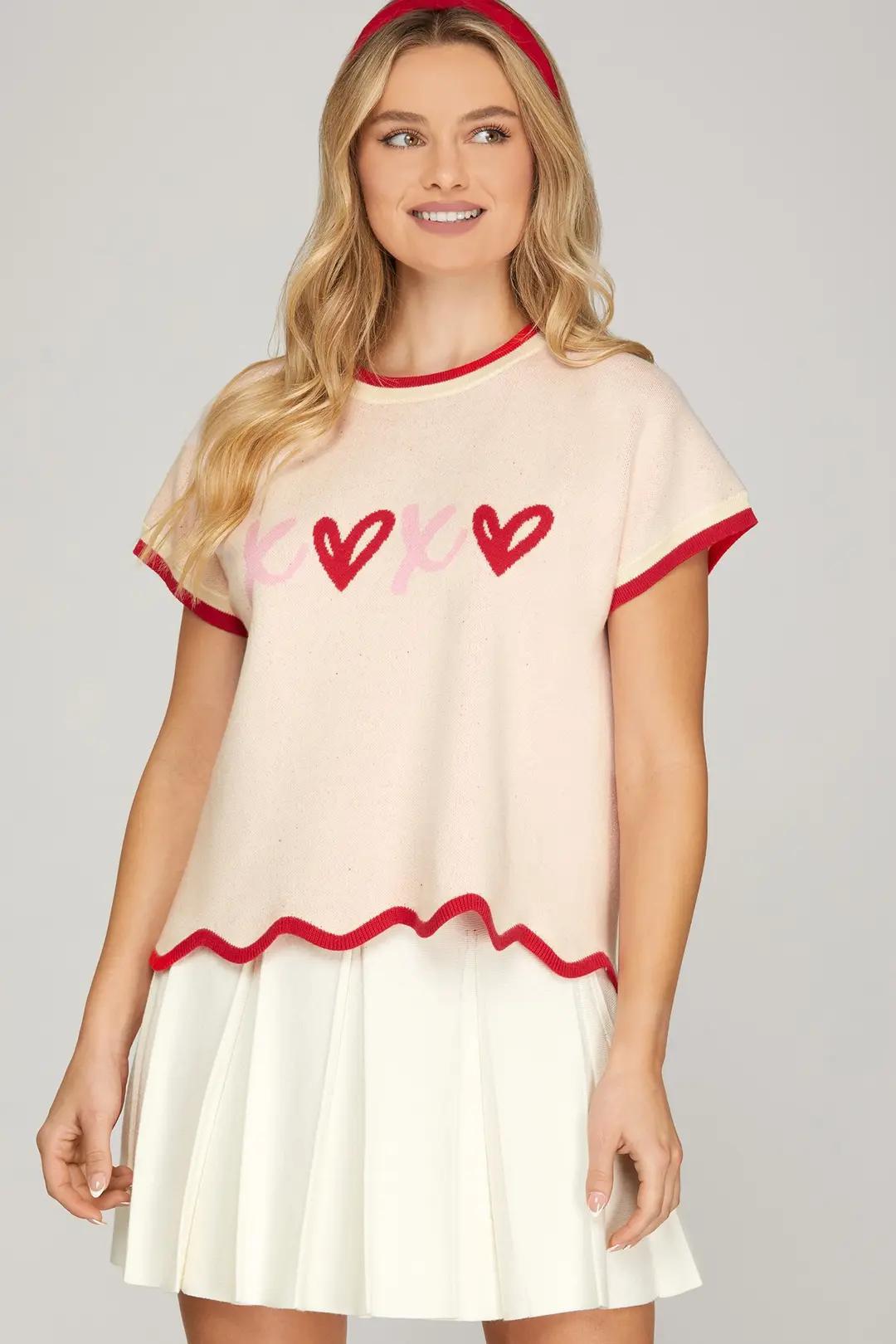 Drop Short Sleeve Scallop Hem XOXO Knit Sweater Top with Contrast Edge
