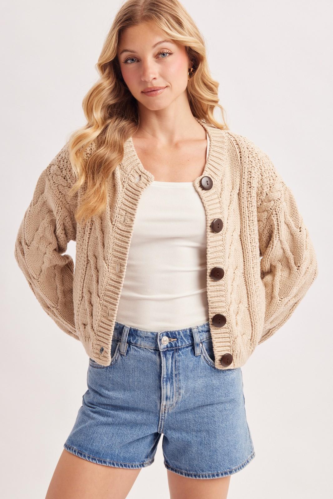 Cropped Button Front Cable Knit Sweater Cardigan